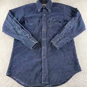 Vintage Lee Shirt Mens Medium Blue Chamois Pearl Snap Extra Long Tails USA Made